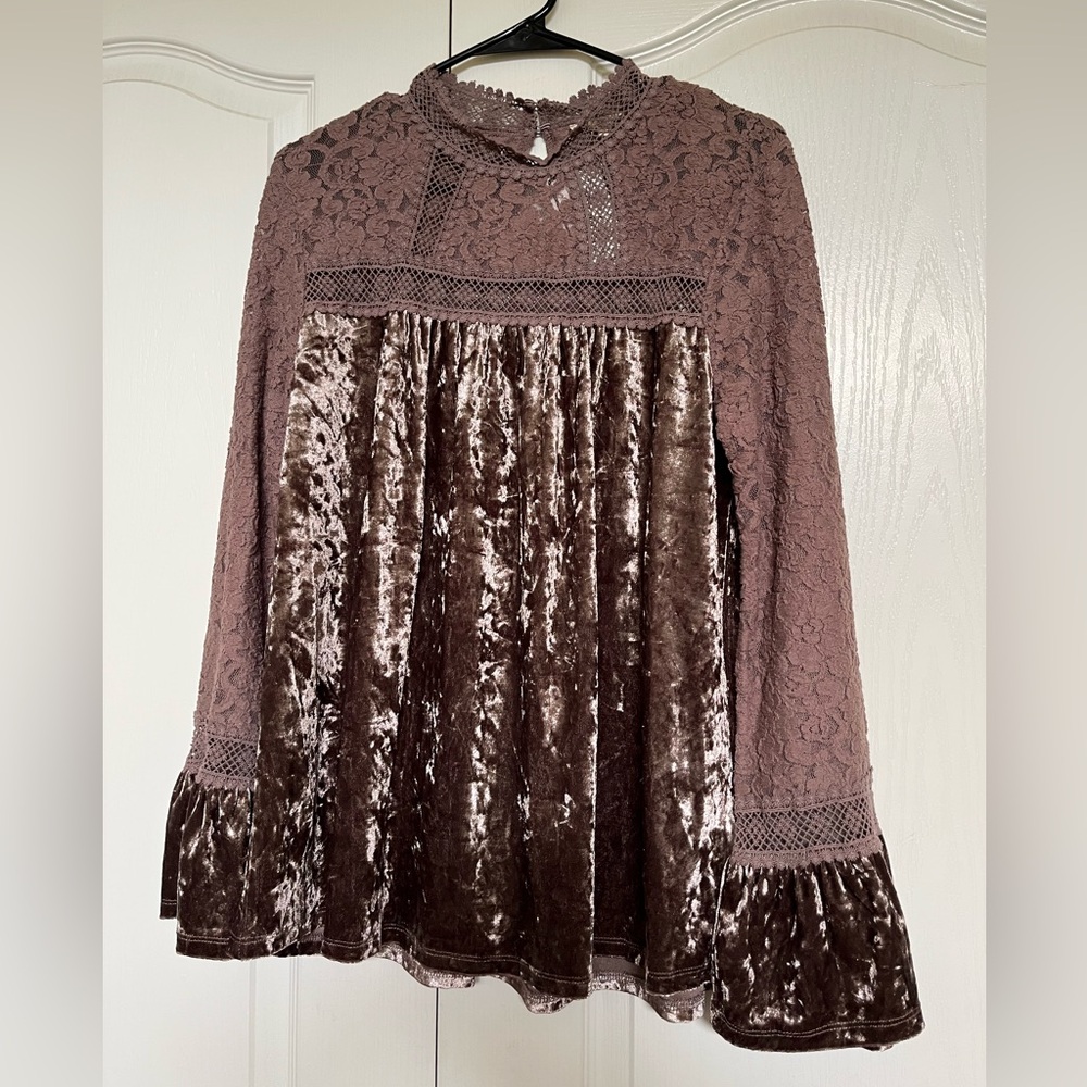 Mystree Brown Ruffled Blouse with Mandarin Collar - Picture 1 of 7